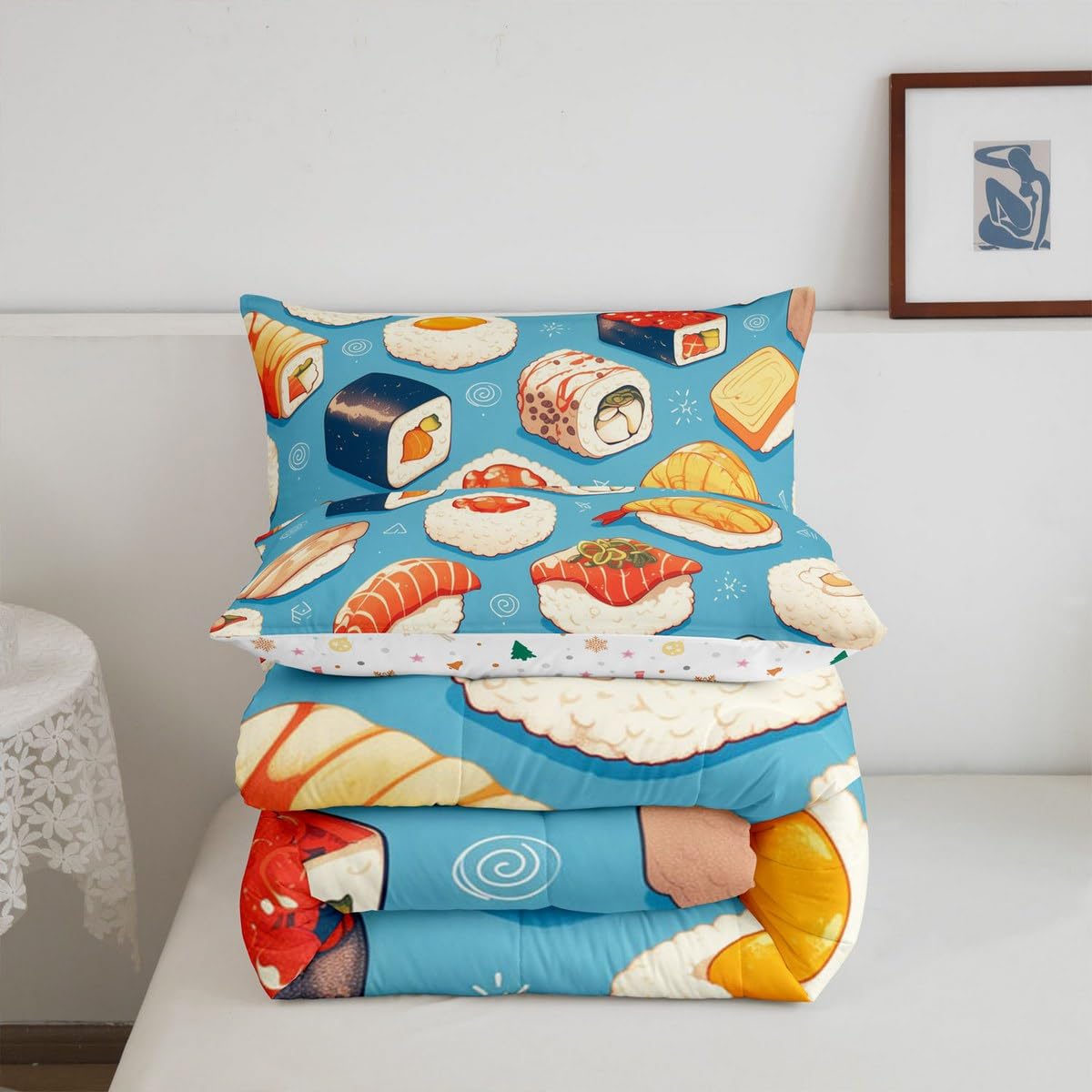 Erosebridal Kids Sushi Comforter Set Queen Size,Japanese Sushi Bedding Set Funny Gifts for Teens Adults,Anime Style Quilt Bed Set Food Themed Bed Comforter Sets with 2 Pillowcases Bedroom Decor
