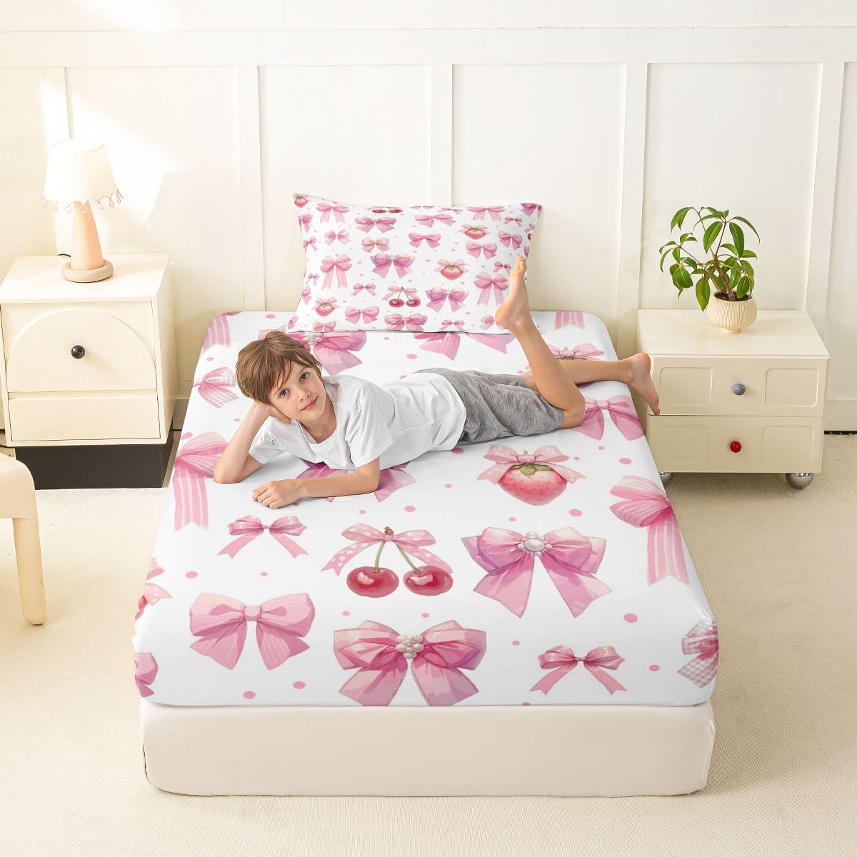 jejeloiu Pink Cute Strawberry Bow Fitted Sheet Twin Size for Kids Boys Girls Dreamy Princess Style Bed Sheets Set 16" Deep Pocket Kawaii Coquette Bow Bedding with 1 Pillowcase Room Decor