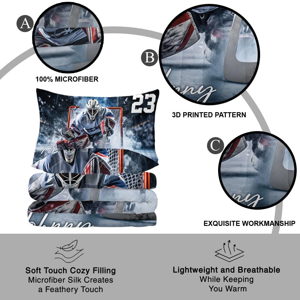 WAZARO Custom Ice Hockey Comforter Set, Personalized Bedding Twin Full Queen King, Hockey Decorations for Boys Room Bedspreads Sport Home Decor (Amazing Ice Goalie)