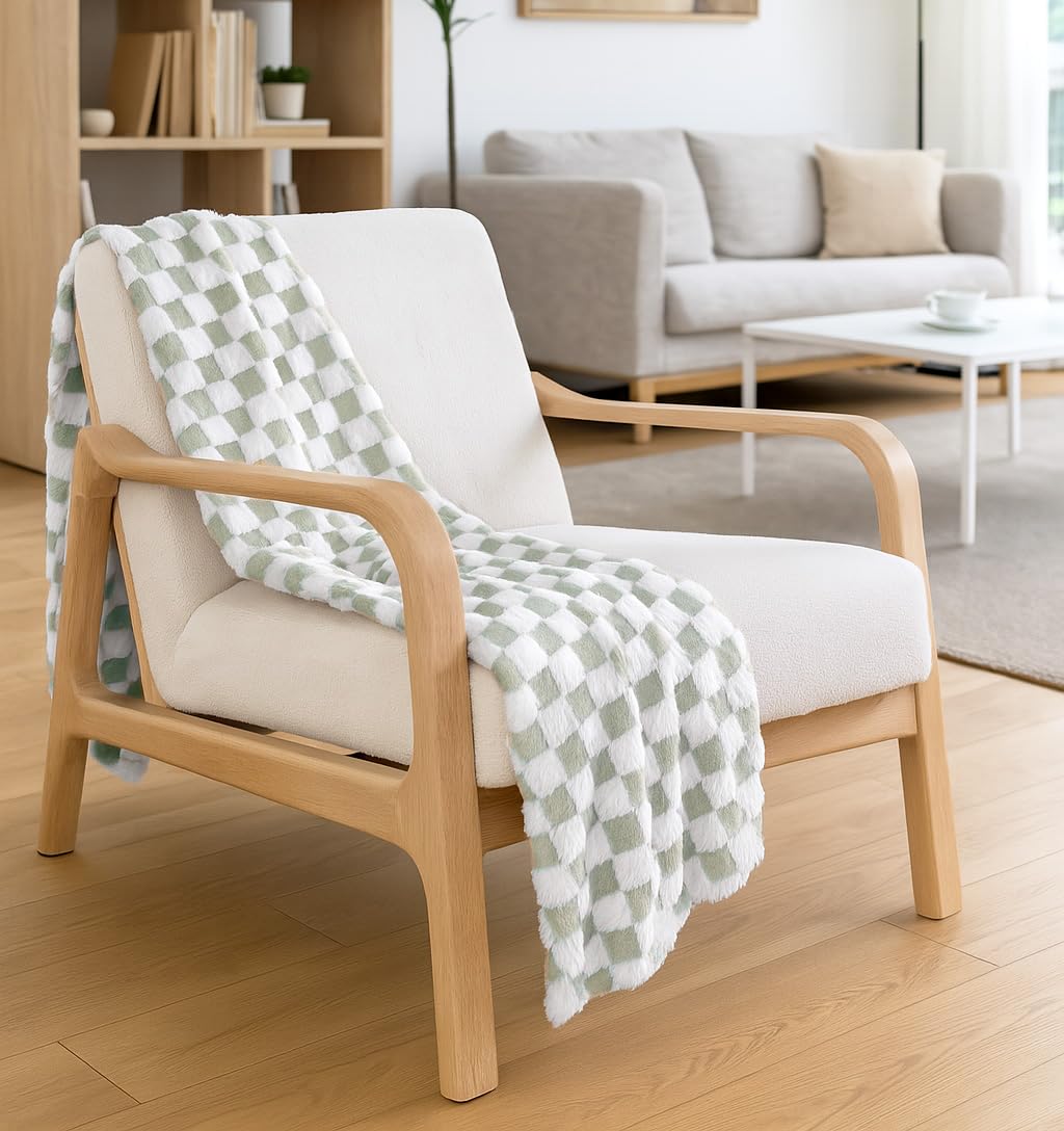 Sage Green & White Fuzzy Fun 3D Checkered Throw Blanket – Ultra Soft Shaggy Fleece for Cozy Comfort. Beautiful Gift for Women with Style 50 x 65 inches.