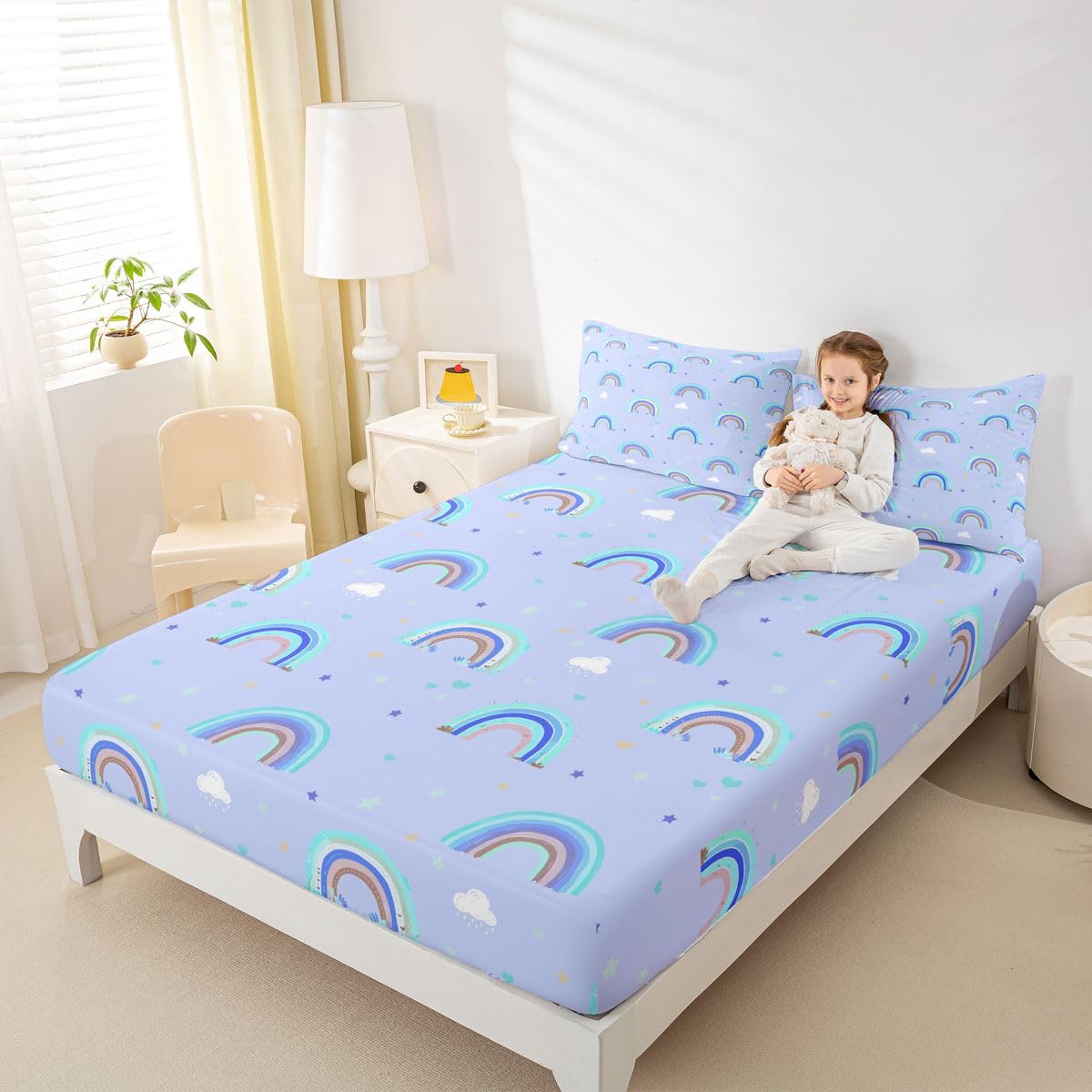Castle Fairy Blue Rainbow Fitted Sheet Queen Size (No Flat),Cute Love Heart Bedding Sets 3Pcs,Girls Boys Adult Room Decor,Cartoon Cloud Bed Cover Coquette Deep Pocket Sheet,2 Pillowcases