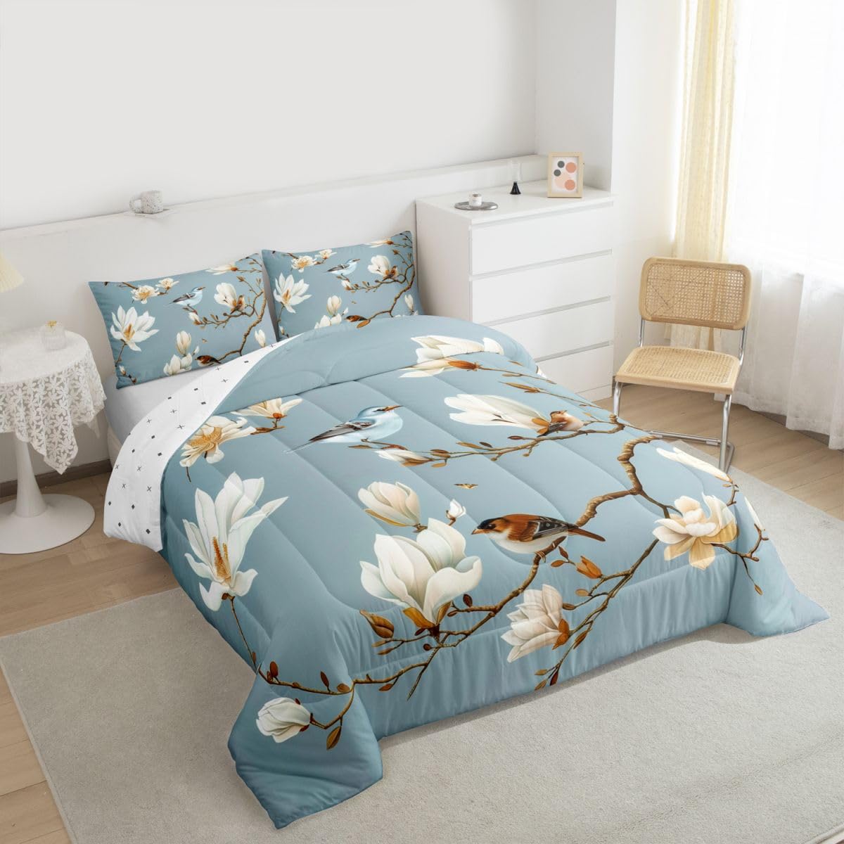 jejeloiu White Magnolia Tree Comforter Set Toddler Size Flower Floral Bedding Set for Kids Boys Girls Bird Duvet Quilt Bedroom Decor Microfiber 2 Pcs with 1 Pillow Cases