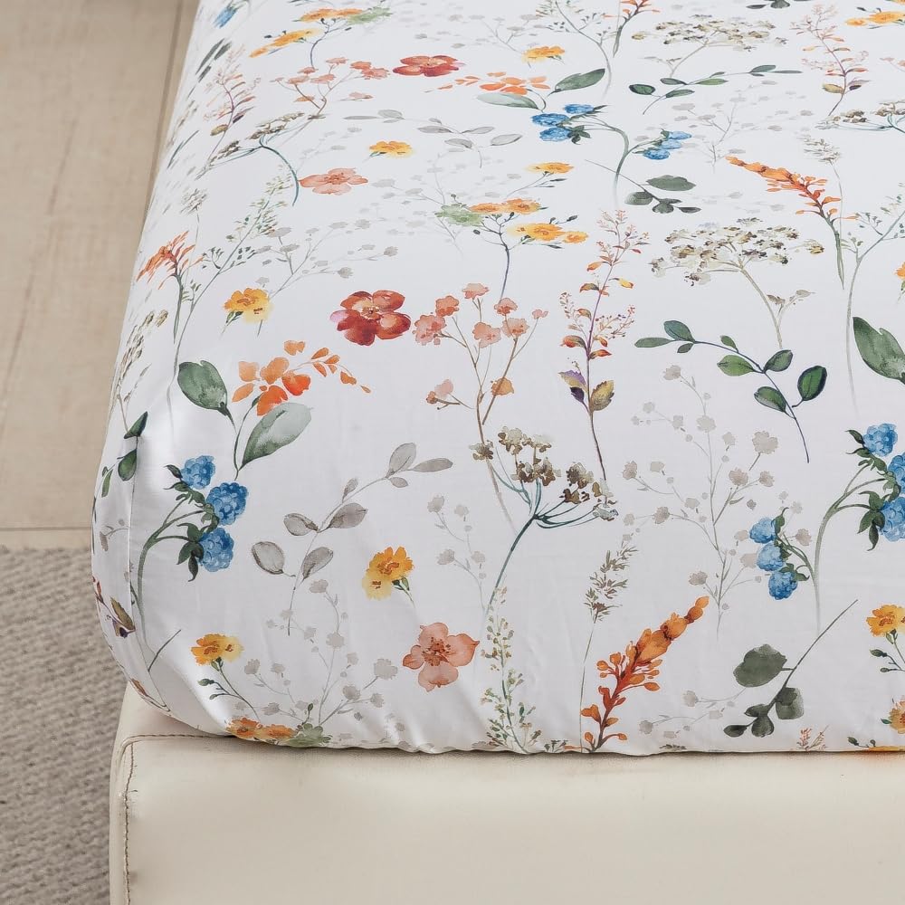 DAUAOTO Queen Size Printed Sheets Set, 100% Cotton Bedding Sets, Up to 14" Deep Mattress, Vintage Farmhouse Pattern Bedlinen Set, Botanical Garden