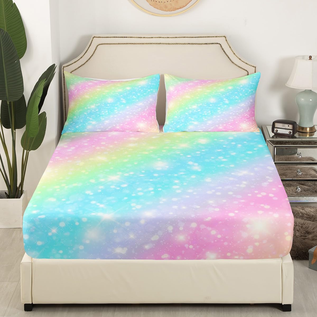 Erosebridal Rainbow Bedding Sets for Girls Kids Teens Tie Dye Pastel Bed Sheet Set King Size Golden Glitter Girly Sweet Sheet Set Abstract Watercolor Art Fitted Sheet + Flat Sheet + 2 Pillow Cases