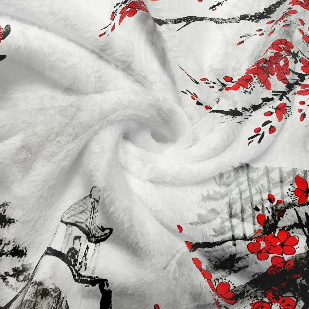 DYNH Japanese Cherry Blossom Blanket, Asian Japanese Wave Kanagawa Throw Flannel Blankets for Couch & Bed, Asian Anime Mount Red Sun Plush Cozy Fuzzy Travel Blanket 50" x 60"