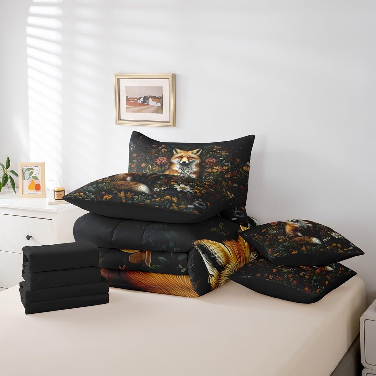 Erosebridal Fox Comforter Set King Size,Cartoon Zoo Animal Bedding Set for Kids Teens,Oil Art Garden Floral (Comforter+Fitted+Flat Sheet+2 Pillowcases+2 Throw Pillow Covers) 7 Pieces Bed Set
