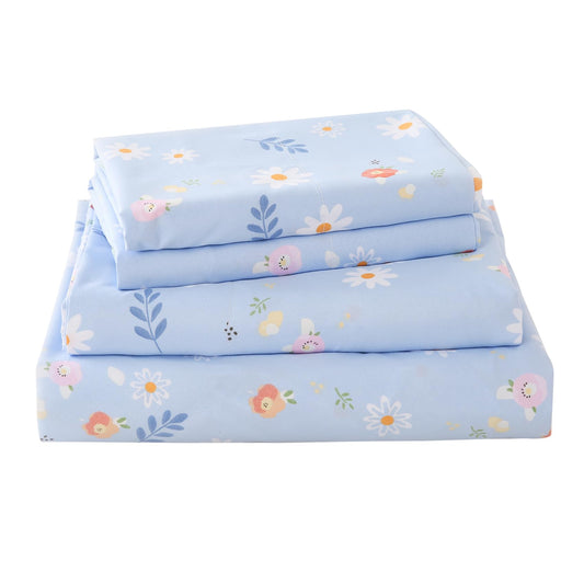 Yibeizi Blue Floral Sheet Set for Girls Twin, Kids Cute Daisy Print Bedsheets Microfiber Deep Pocket Flower Patterned Bed Sheet & Pillowcase Sets 3 Pieces