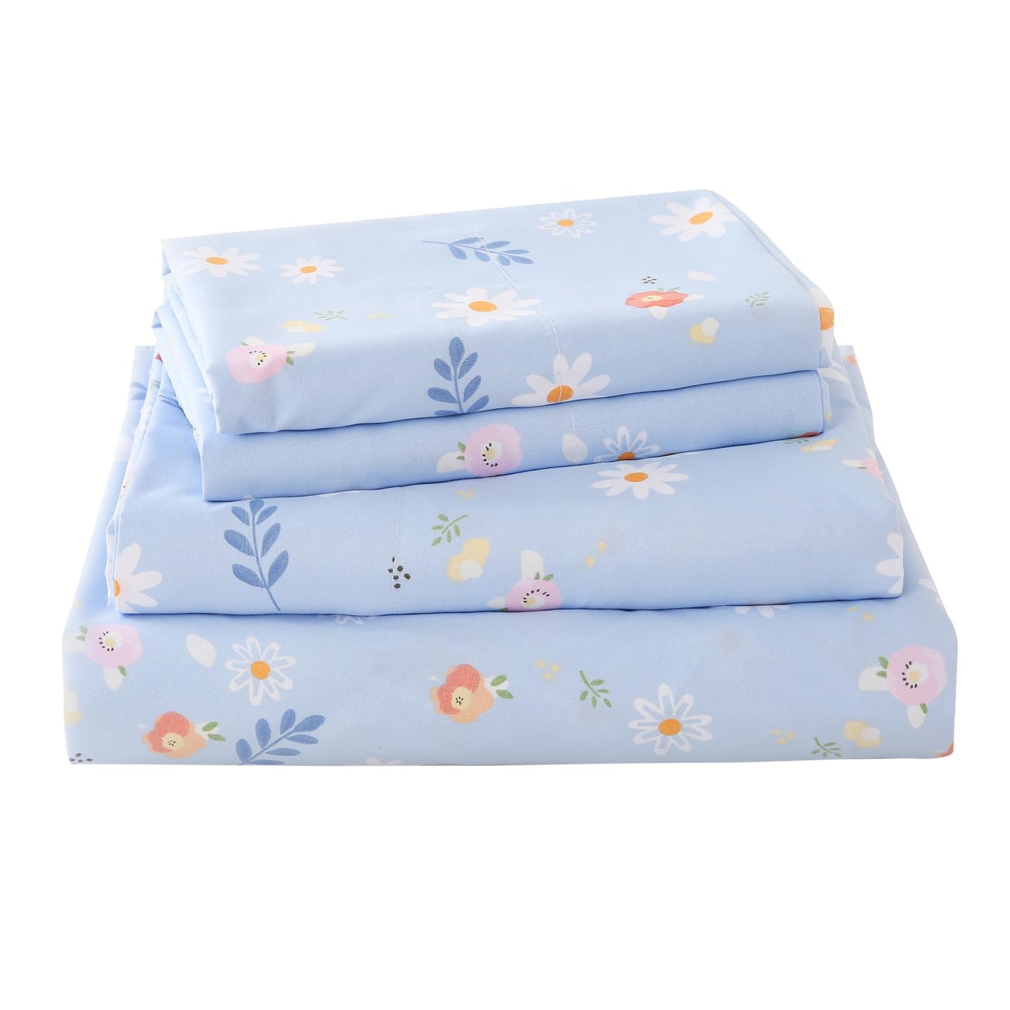 Yibeizi Blue Floral Strawberry Sheet Set for Girls, Full Size Kids Cute Daisy Flower Patterned Bedsheet Microfiber Deep Pocket Bedding Sheets & Pillowcases 4 Pieces