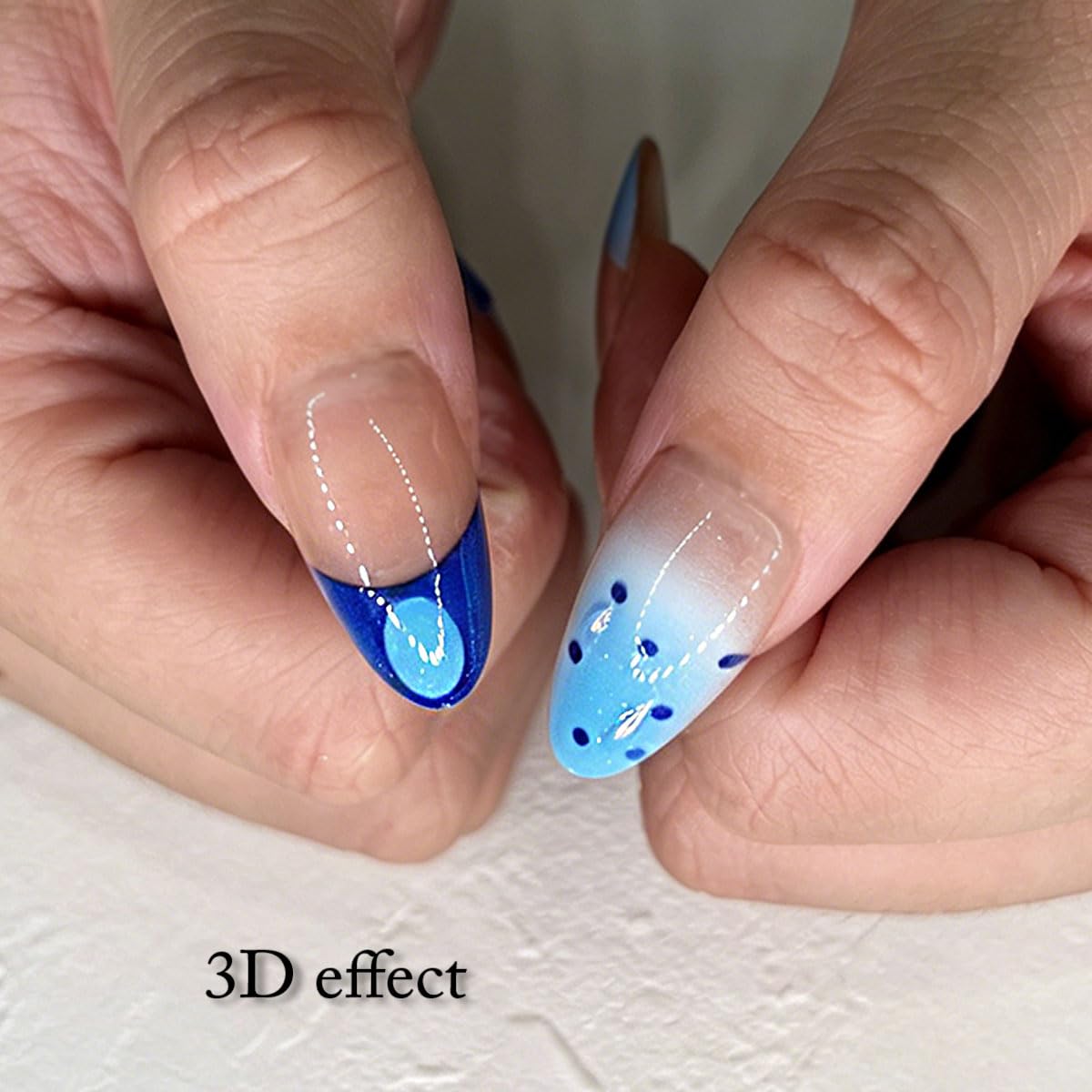 3D Press On Nails Almond Medium Light Blue French Fake Nails with Embossed Fan-Shaped&Plating Flower Designs, Acrylic Artificial Nail Press ons False Stick On Nails for Women Girls 30Pcs