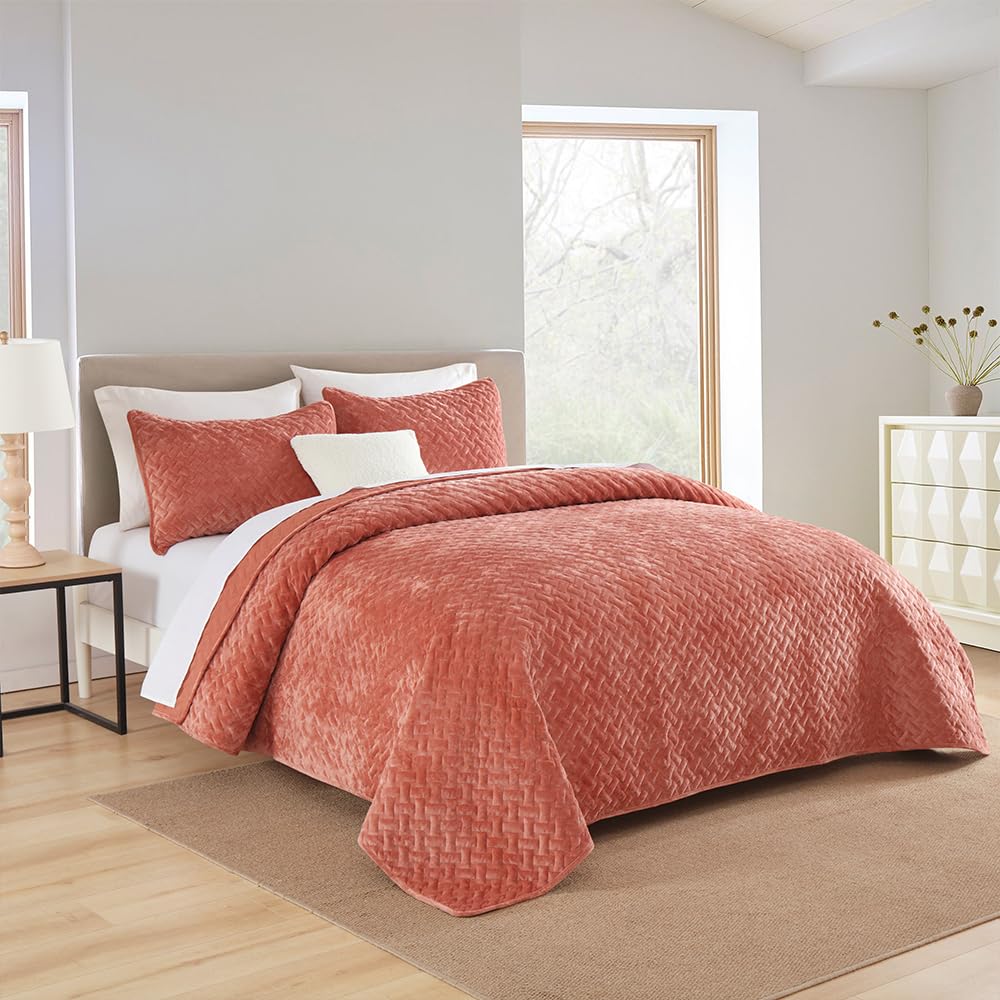 Liians Velvet Bedspread Quilt Bedding Sets,Luxury Elegant Ultra Soft Velvet Comforters Coverlet Blankets,Weave Stitching Pattern Cotton Quilted Bedspread for All Seasons,Orange,King Size