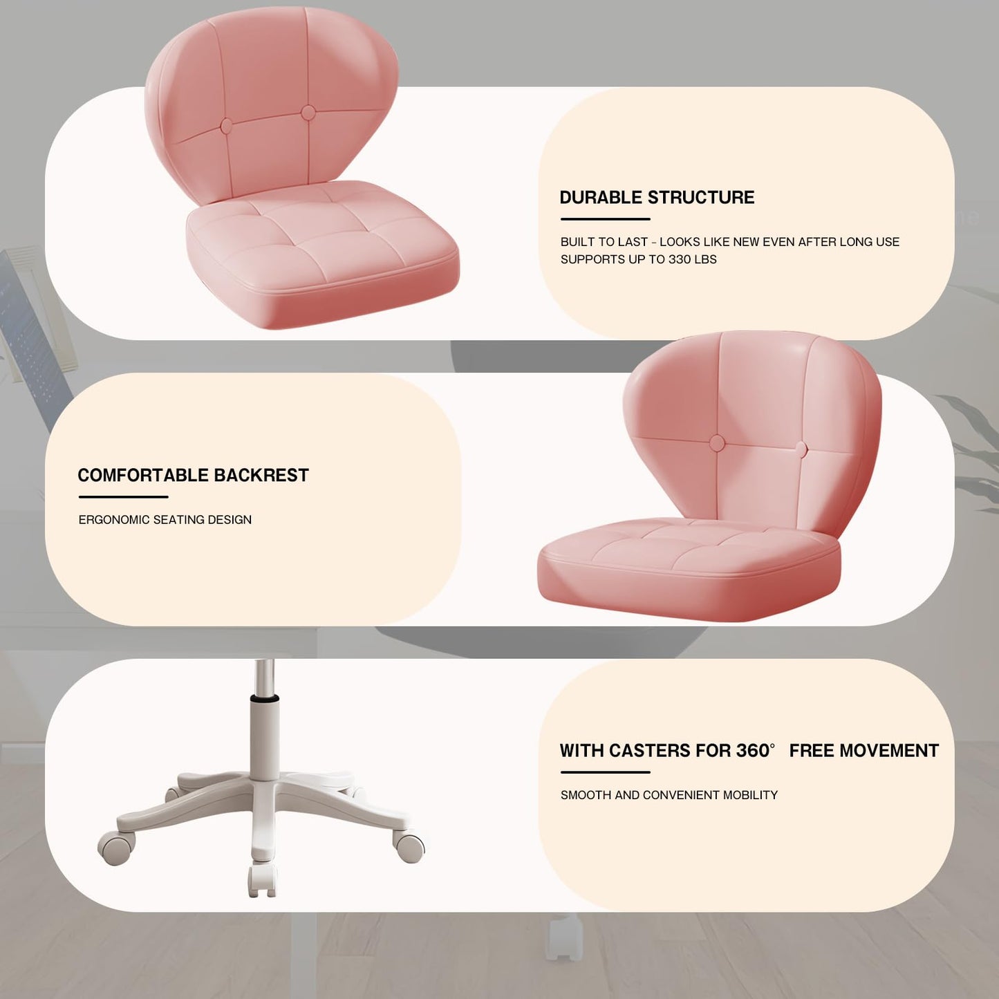 Timbertouch Small Office Chair with Lumbar Support, PU Leather Armless Swivel Desk Chair Adjustable Height, Compact Rolling Chair for Home Office, Bedroom, Study （Pink）