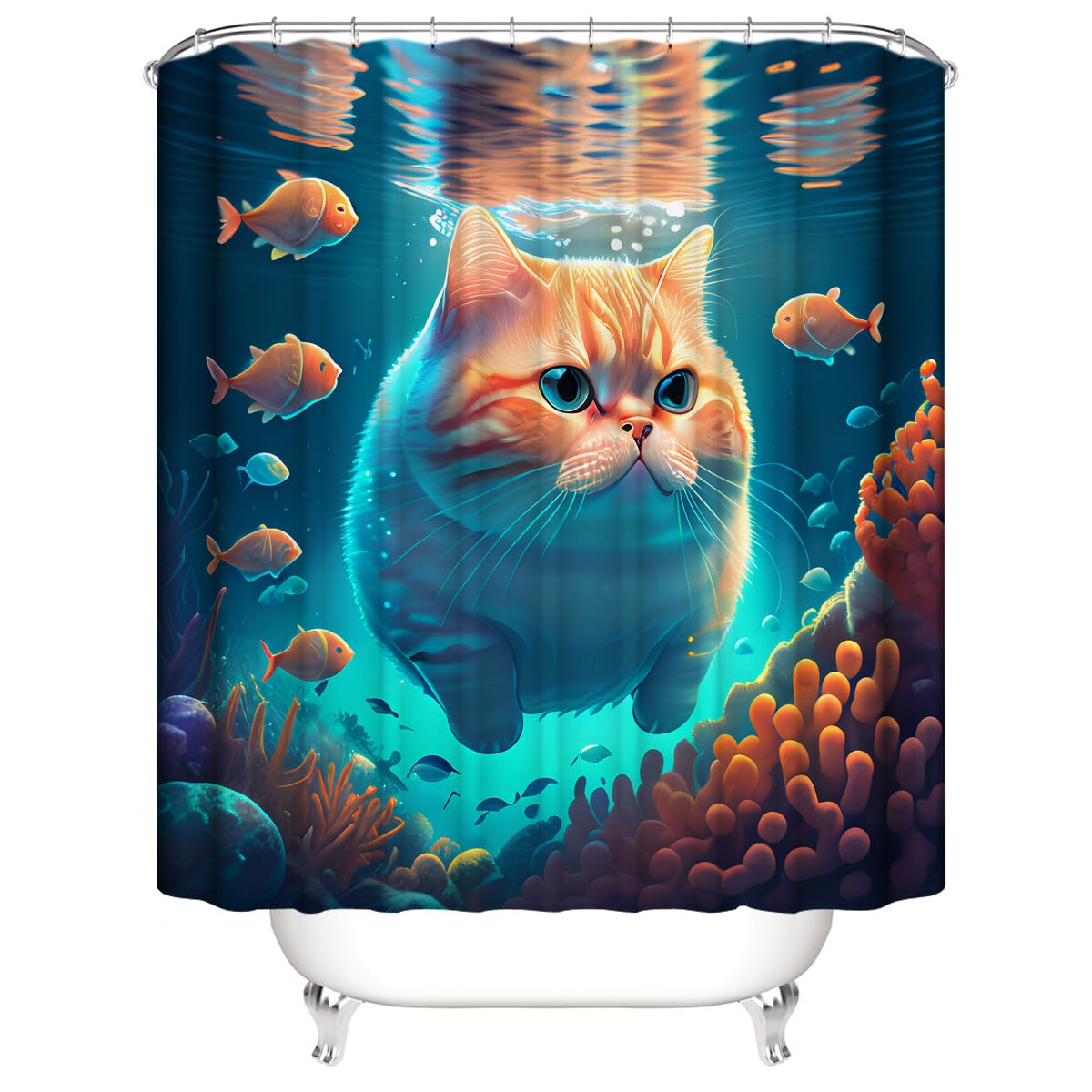 DDS-DUDES Cute Cat Shower Curtain Set for Kids Bathroom, Funny Orange Garfield Swimming and Fish in Sea Fabric Decor Waterproof Curtains with 12pcs Hooks 71 x 71 inch