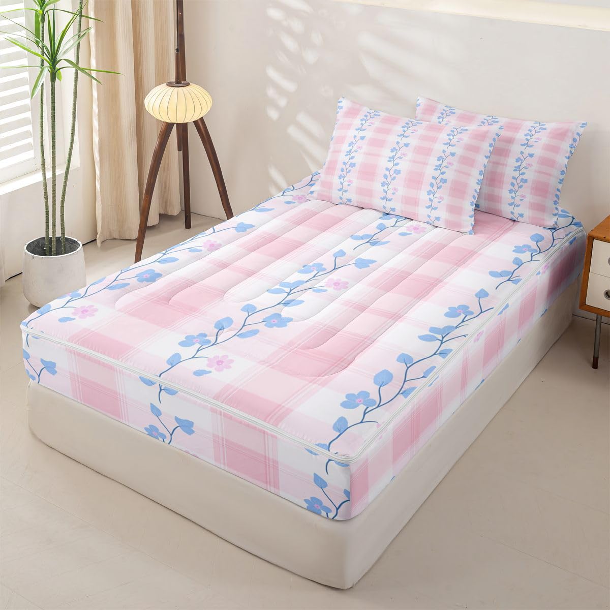 Feelyou Pink Flower Queen Zipper Bedding Set Botanical Floral Printed Kids Comforter Set with Fitted Sheet and 2 Pillowcases Natural Theme Bed in a Bag Zip Up Bedding Soft Microfiber