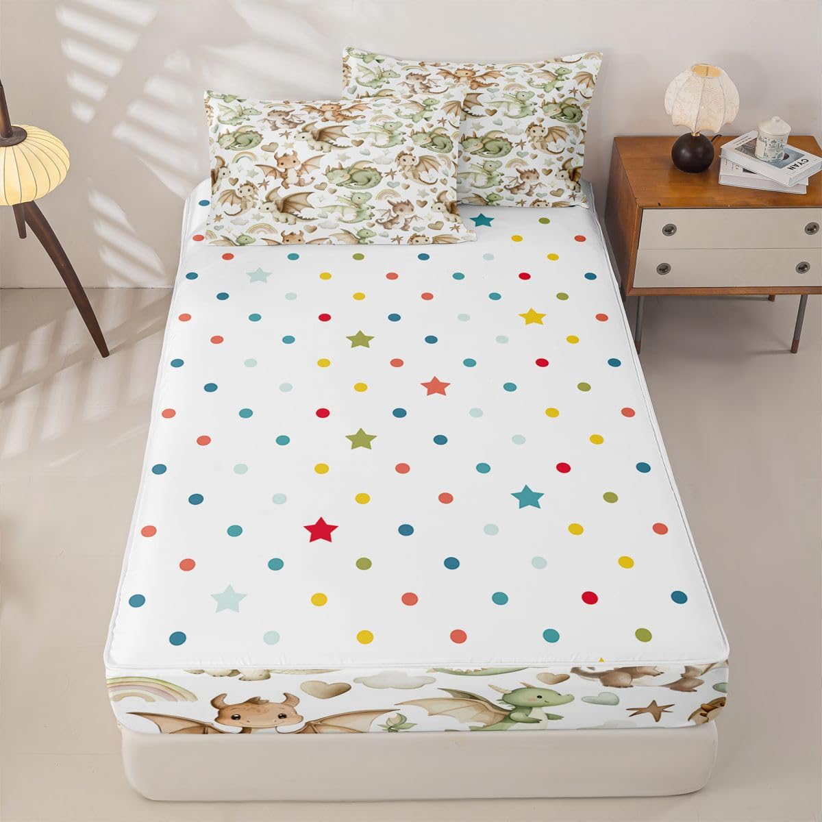 Erosebridal Dragon Zipper Bedding Set Twin Nursery Green Brown Dragons Zip Up Comforter Set with Sheets Kids Boys Girls Cartoon Animals Bed in a Bag Stars Rainbow Heart Pattern Bed Sets