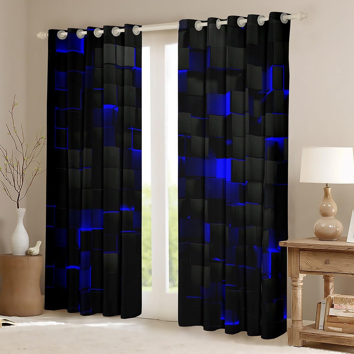Erosebridal Geometric 50% Blackout Curtains 38" Wx45 L Black Navy Royal Blue Window Curtains for Boys Men Gamer Room Decor,Neon Abstract Stereoscopic Check Grid Plaid Window Drapes 2 Panels