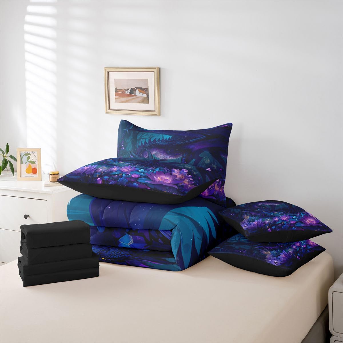 Feelyou Dragon Comforter Set with Sheets 7 Piece Twin Size Dragon Stuff Bedding Set for Kids Boys Girls Wild Life Bed in a Bag Magic Wildlife Room Decor Purple and Black Soft Lightweight Microfiber