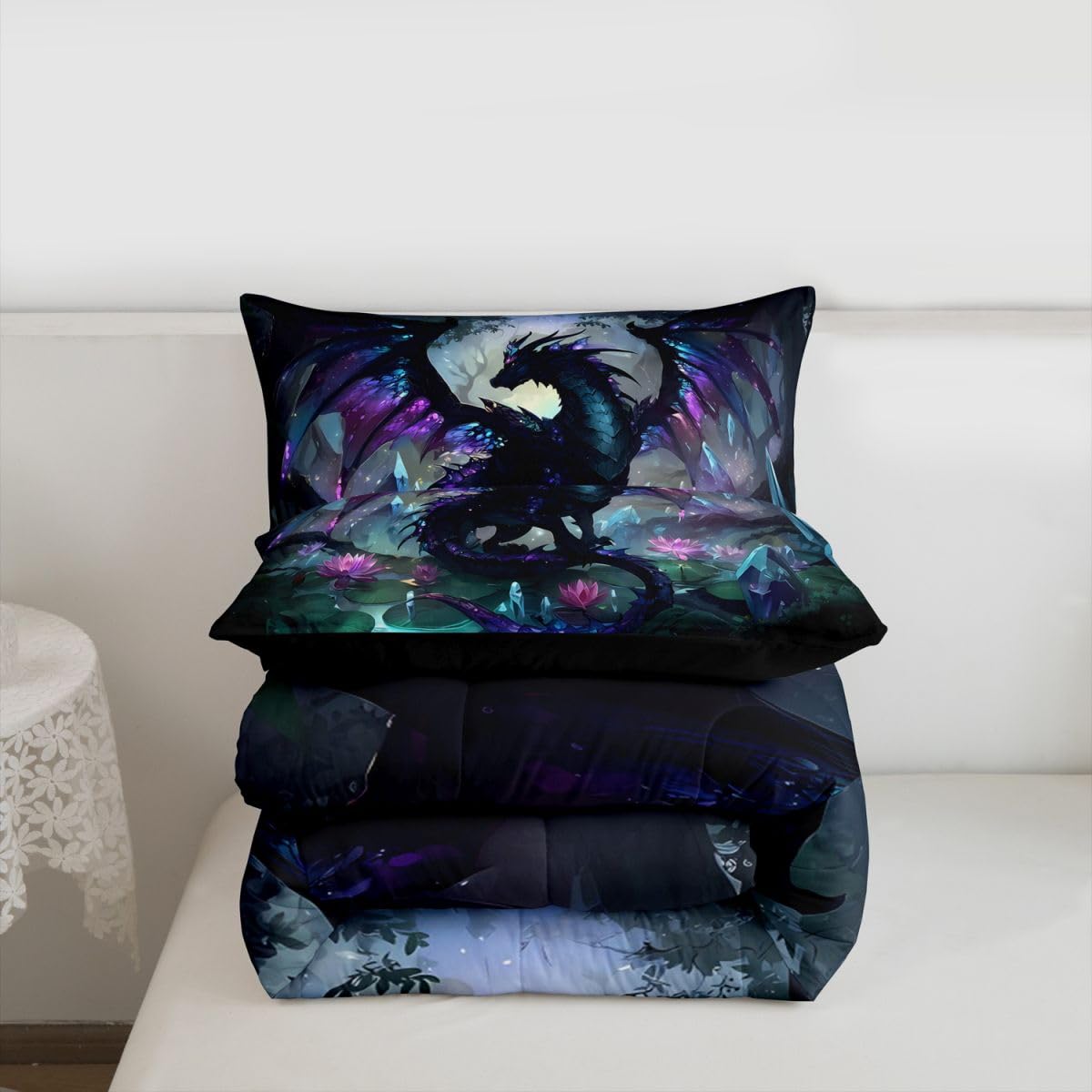 Feelyou Dragon Comforter Set Twin Size Dragon Stuff Bedding Set for Kids Boys Girls Wild Life Duvet Quilt Magic Wildlife Bedroom Decor Black Purplish 2 Pcs with 1 Pillow Cases