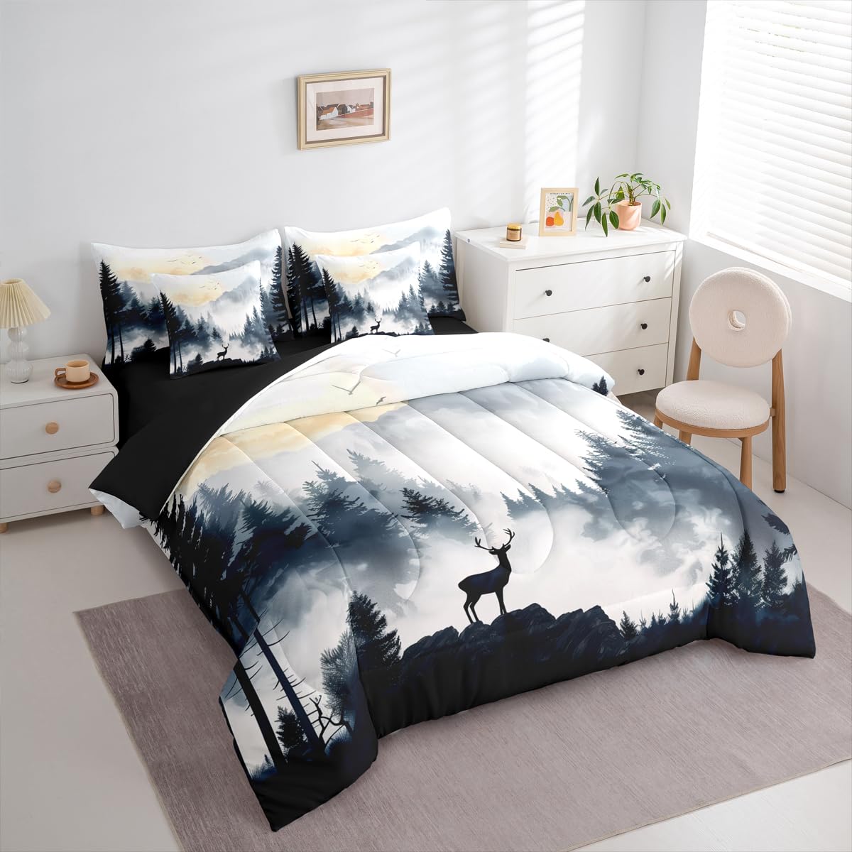 Erosebridal Sunrise 7 Piece Bedding Set Twin Reindeer Comforter Set with Sheets Elk Landscape Mountain Natural Bed in a Bag Woods Smoke Fog Deer Birds for Kids Boys Girls