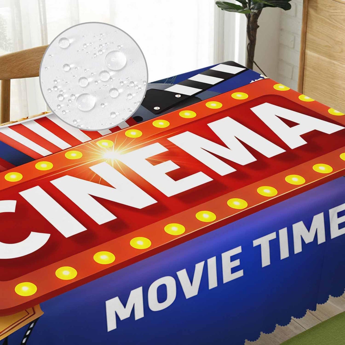 Beabes 52x70 Inch Tablecloth Cinema, Movie Time Popcorn Clapping Board Non-Fading Table Covers Kitchen Dinning Tabletop Decoration, Blue Washable Table Cloth for Outdoor and Indoor Use