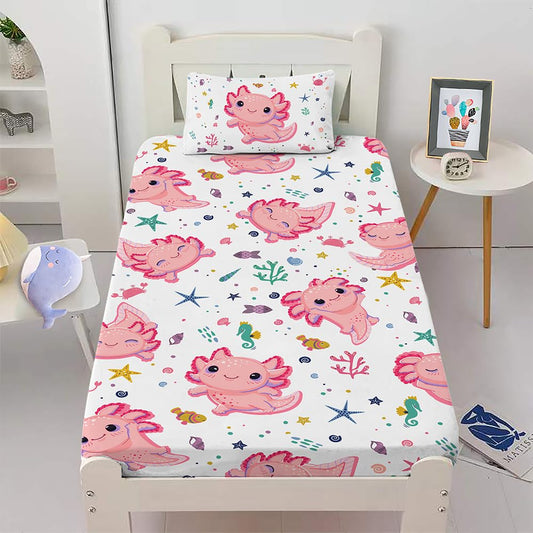 Gusuhome Girls Axolotl Sheet Set for Kids Twin Pink - 3D Kawaii Ocean Bedding Bed Set - Microfiber Super Soft Bed Sheets Set (1 Fitted Sheet 2 Pillow Cases)