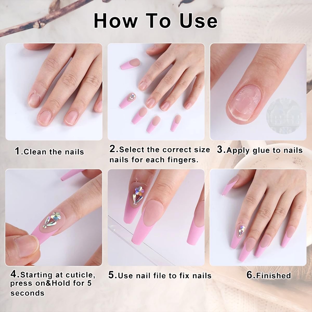 24Pcs Pink Flower Press on Nails Medium Square French Tip Fake Nails with 3D Gold Rhinestones Design Glitter False Nails Nude Full Cover Artificial Glue on Nails Spring Summer Stick on Nails for Women