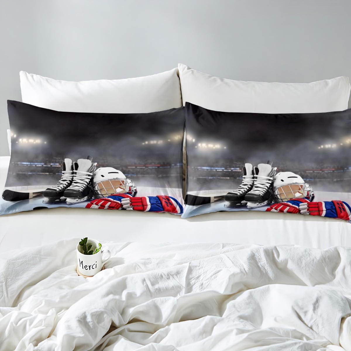 Erosebridal Ice Hockey Bedding Set Full Hockey Player Duvet Cover for Kids Boys Girls Teens Juvenile Sports Game Comforter Cover Set Soft Microfiber Winter Sports Bedroom Decorative, Zipper