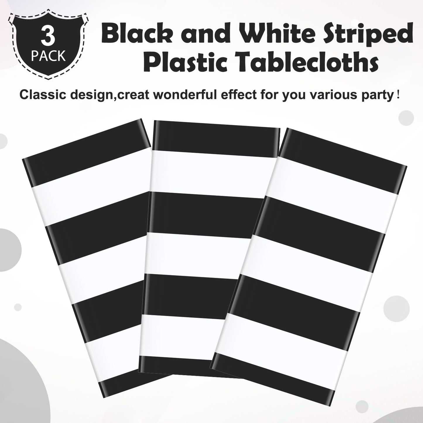 3pcs 54x108Inch Black and White Horizontal Striped Table Cloth Classic Black Stripe Tablecloths Disposable Plastic Stripe Waterproof Table Covers for Picnic Halloween Ghost Party