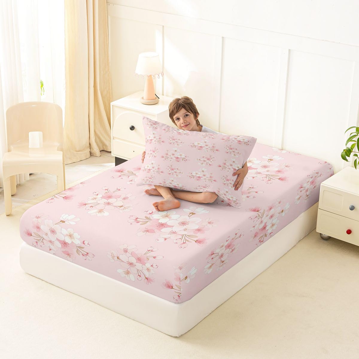 Erosebridal Cherry Blossoms Bed Sheets Set Twin Japanese Style Sheet Set Romantic Floral Leaves Sheets Pink Flower Plant Flat Fitted Sheet