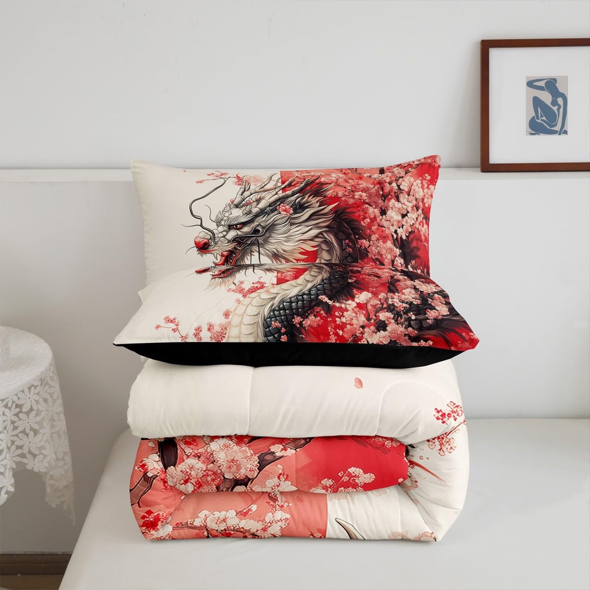 Erosebridal Girls Dragon Comforter Set Full Size, Japanese Style Animal Down Comforter Cherry Blossoms Sakura Bedding Set Ancient Wildlife Quilt for Kids Teens Adult Women Bedroom Decor, Pink