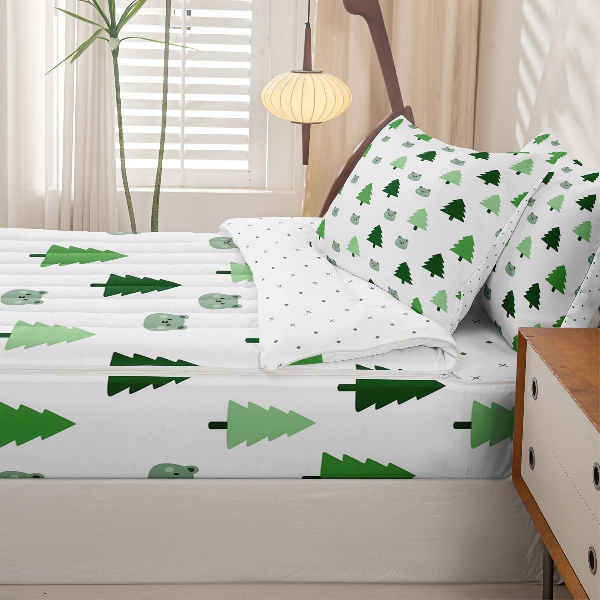 jejeloiu Cute Bear Zipper Bedding Cartton Tree Comforter Set for Kids Boys Girls Twin Size Green White Zippered Kids Bedding Set Ultra Soft Cute Wild Animal Bed in a Bag