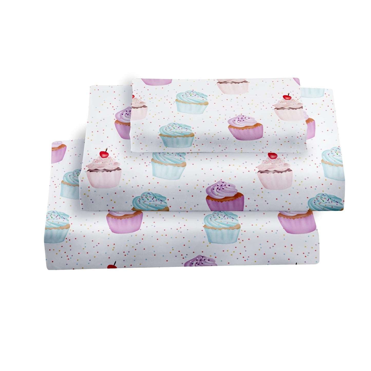 Softan Kids Bed Sheet Set, 4-Piece Full Size Sheets, Microfiber Fitted Sheet with 15 Inches Deep Pocket and Corner Straps, Breathable & Silky Soft Ice Cream Cake Pattern Sheet and Pillowcase Sets