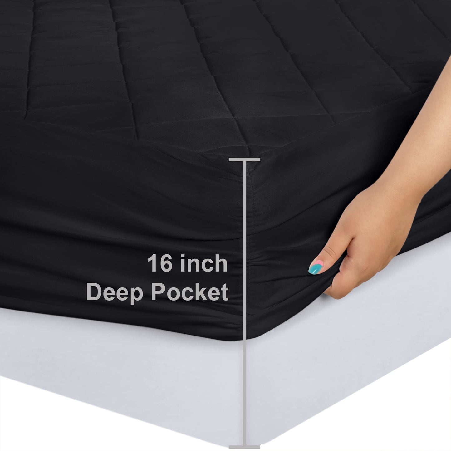 Quilted Fitted Mattress Pad, Queen Mattress Protector Topper with Deep Pocket Stretches up to 16 Inches, Machine Washable Mattress Cover by Utopia Bedding (Black)