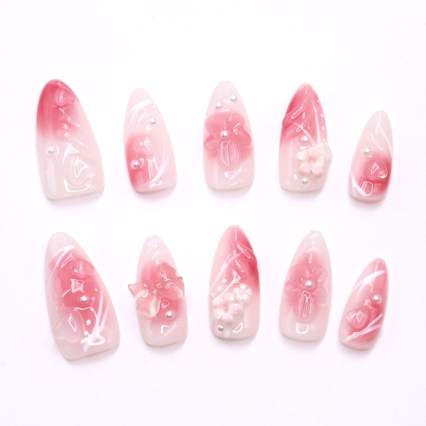 Pink Gradient Press on Nails Handmade Press on Nails Medium Almond Fake Nails Muti-Layer Gel Acrylic Nails with Flower Pearl Bow Embossed Design Thick False Nail Glue on Nail for Women (Size M)