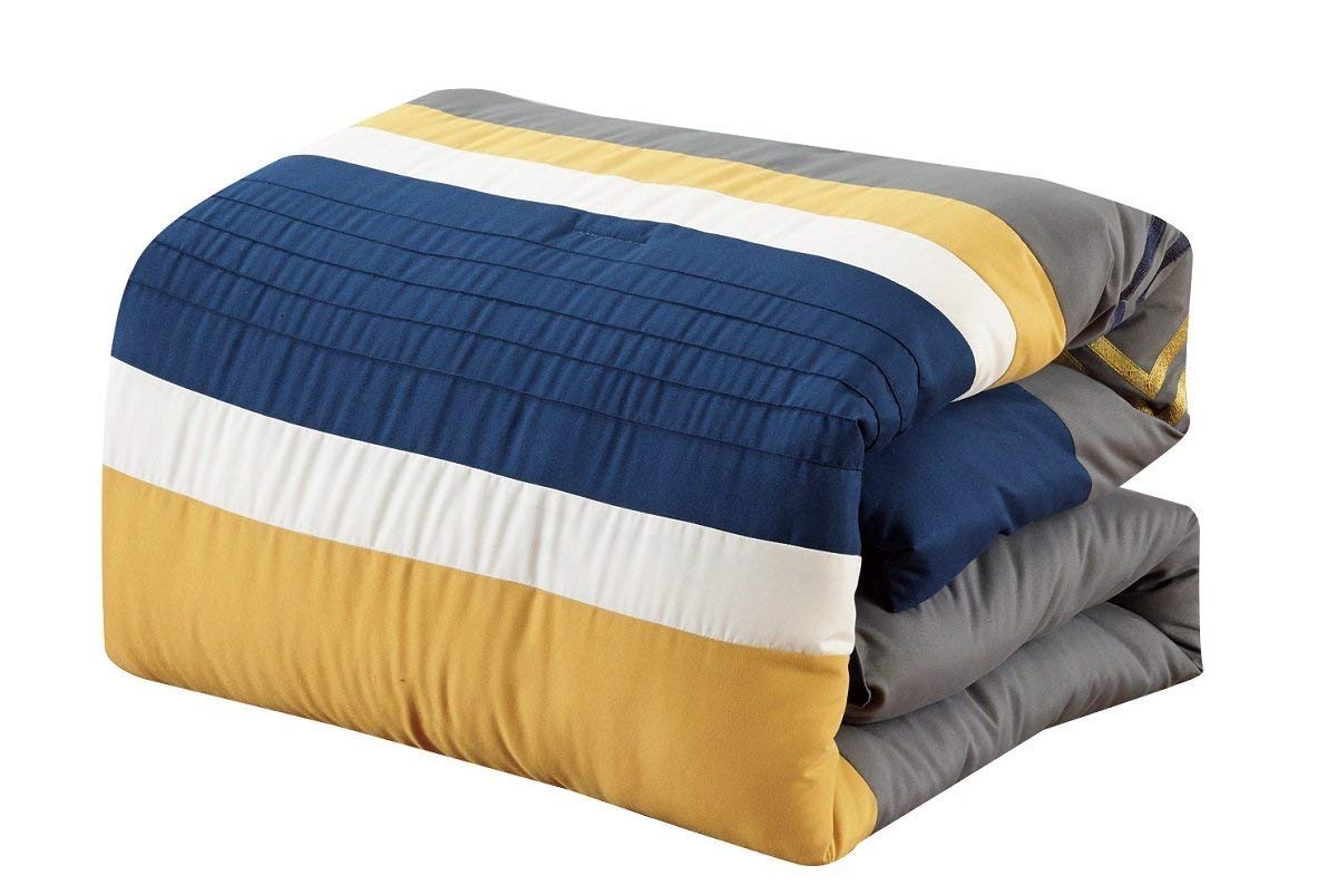 Chezmoi Collection Arden 7-Piece Modern Pleated Stripe Embroidered Zigzag Bedding Comforter Set (Queen, Navy/Gray/Yellow/White)