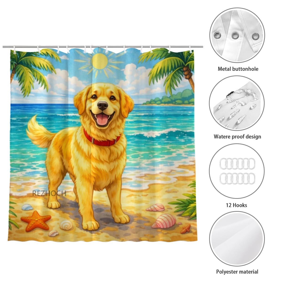 REZHOCH Cute Dog Shower Curtain 72x72Inch,Funny Golden Retriever Happy Holiday Beach Ocean Sunshine Coastal Home Bathroom Decor,Pet Summer Animal Bath Set Waterproof Fabric with Hooks