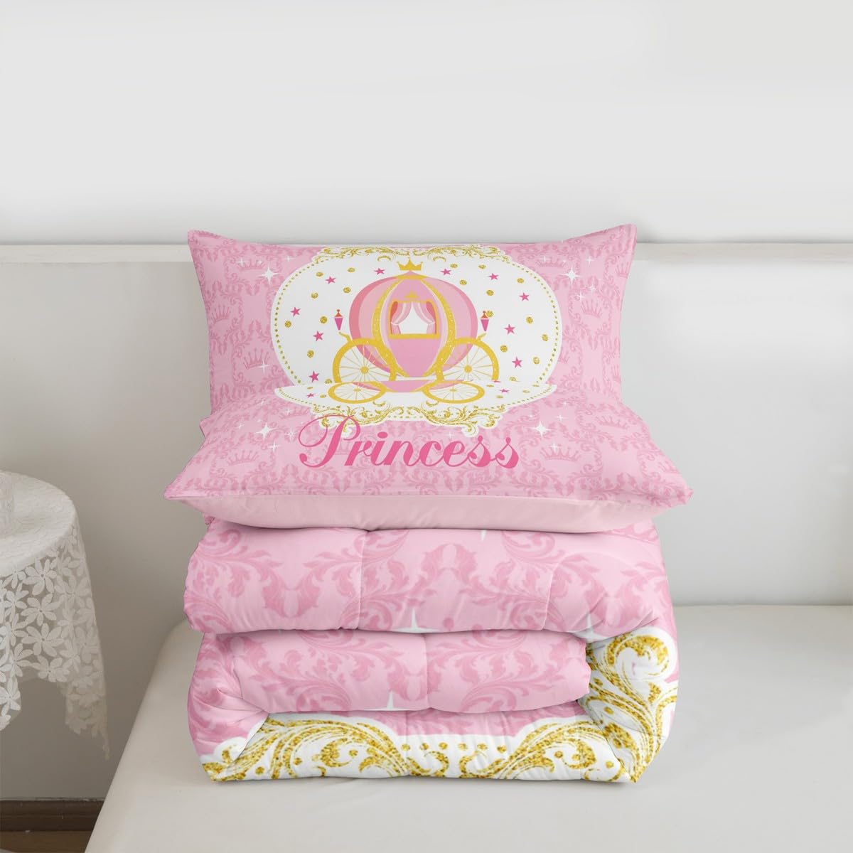 Homewish Girls Pink Theme Twin Size Comforter Set,Kids Carriage Decor All Season Bedding Set,Teens Princess Style Comforter,Children Cute Cartoon Decor Quilt Set Bedroom Collection 2Pcs