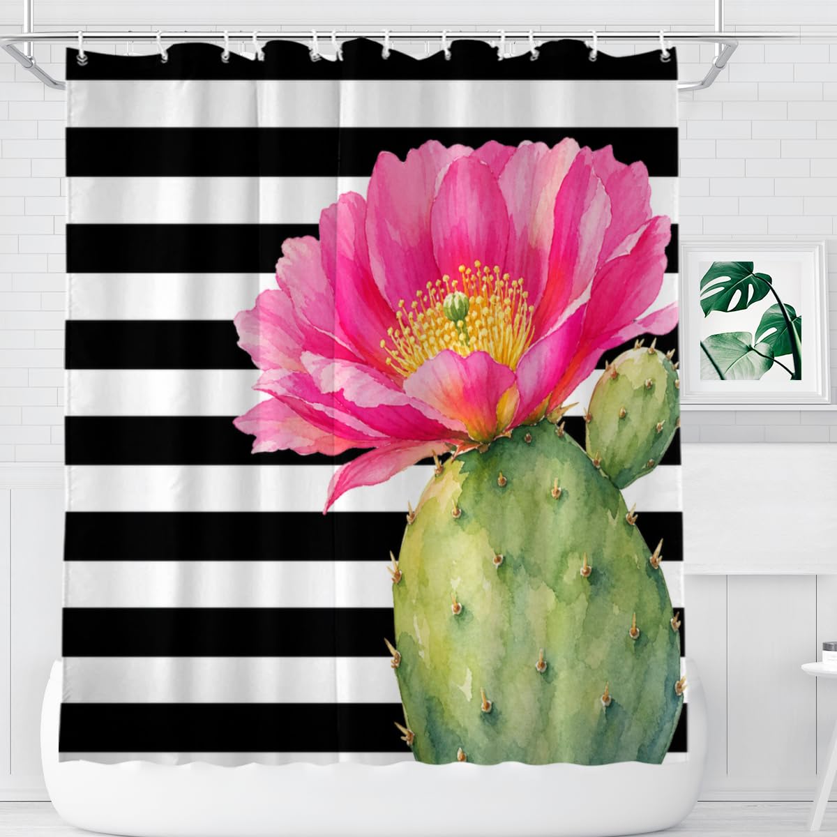 TopPacific Cactus Flower Stripe Shower Curtain 72x72 Inch Shower Curtain with 12 Hooks Polyester Cactus Pink Flower Black White Stripes Bathroom Decor