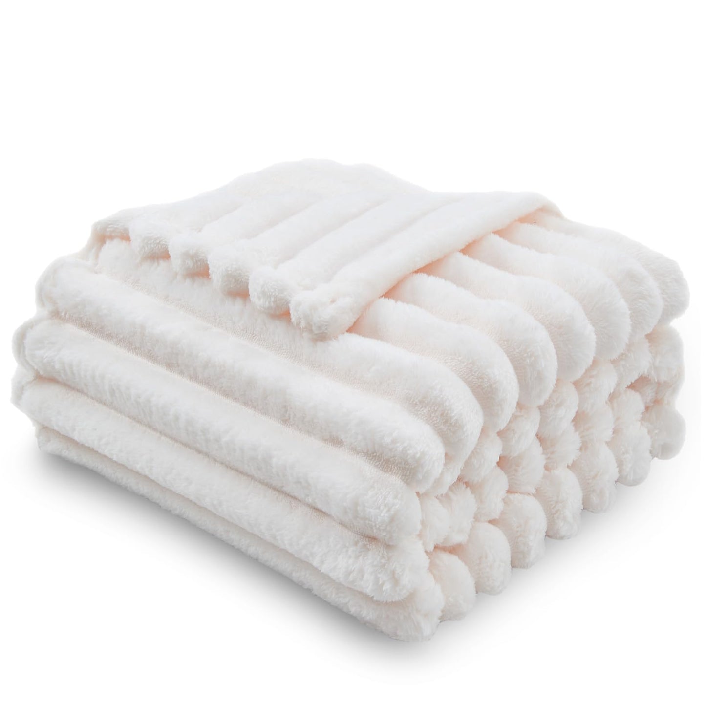 NEWCOSPLAY Super Soft Throw Blanket Ivory Premium Silky Flannel Fleece 3D Ribbed Jacquard Lightweight Bed Blanket All Season Use (Ivory Ribbed, Throw(50"x60"))