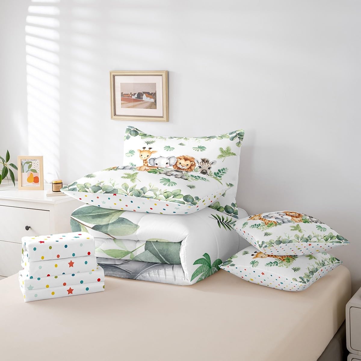 Erosebridal Jungle Animal Twin Size Comforter Set with Sheets | Giraffe Elephant 7-Piece Bedding Set Green Botanical Eucalyptus Palm Leaves Bed in a Bag Zebra Lion Safari Animal Bed Quilt Sets