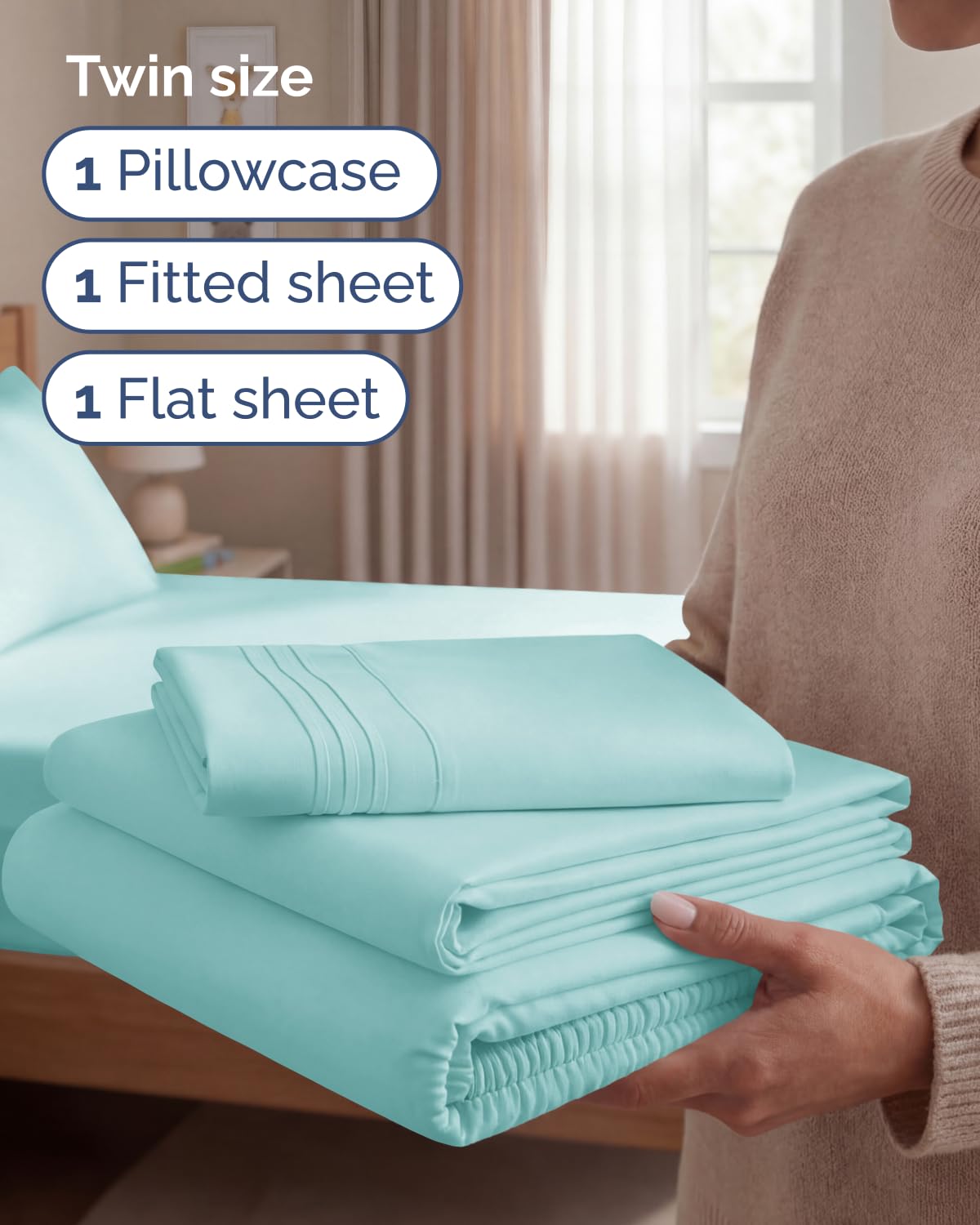 Twin Size 3 Piece Sheet Set - Comfy Breathable & Cooling Sheets - Hotel Luxury Bed Sheets for Women & Men - Deep Pockets, Easy-Fit, Extra Soft & Wrinkle Free Sheets - Spa Blue Oeko-Tex Bed Sheet Set