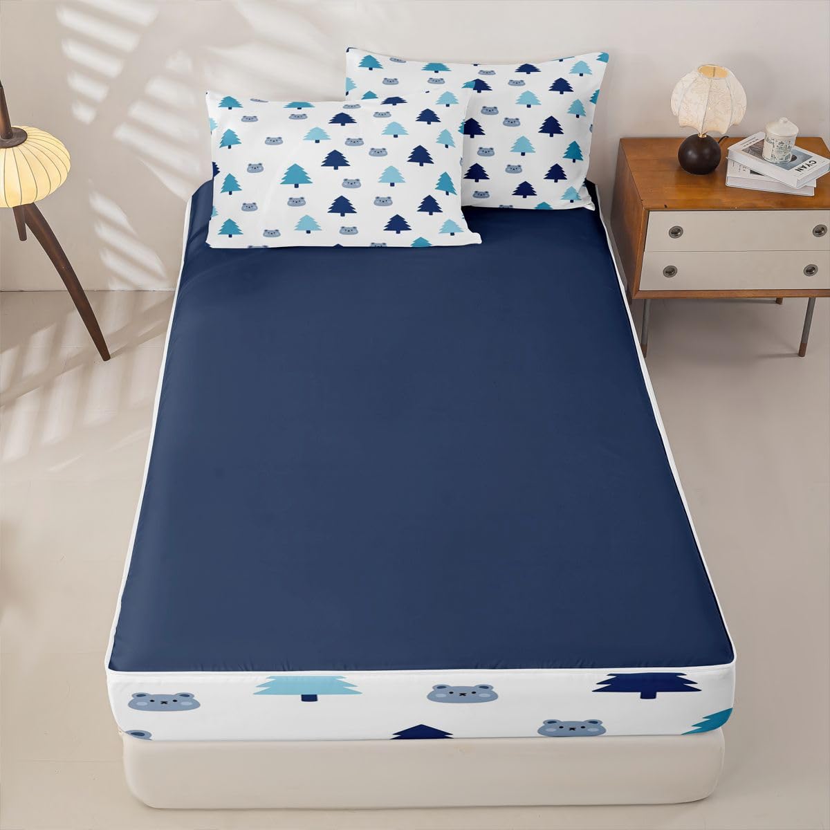 jejeloiu Cute Bear Comforter Set Twin Size Zipper Bedding Set for Girls Boys Tree Pattern Comforter with Fitted Sheet, Pillowcases Blue White Zipper Bedding Soft Breathable Wild Animal Bed in a Bag