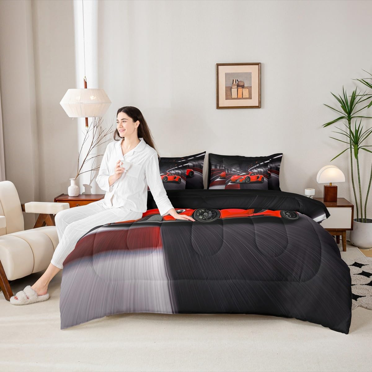 Speed Sports Car Bed Set Tunnel 7 Pieces Bedding Set for Kids Red Racing Car Bed in a Bag with Comforter, Sheets, Pillowcases Ultra Soft Extreme Sports All Season Breathable Lightweight Twin Size