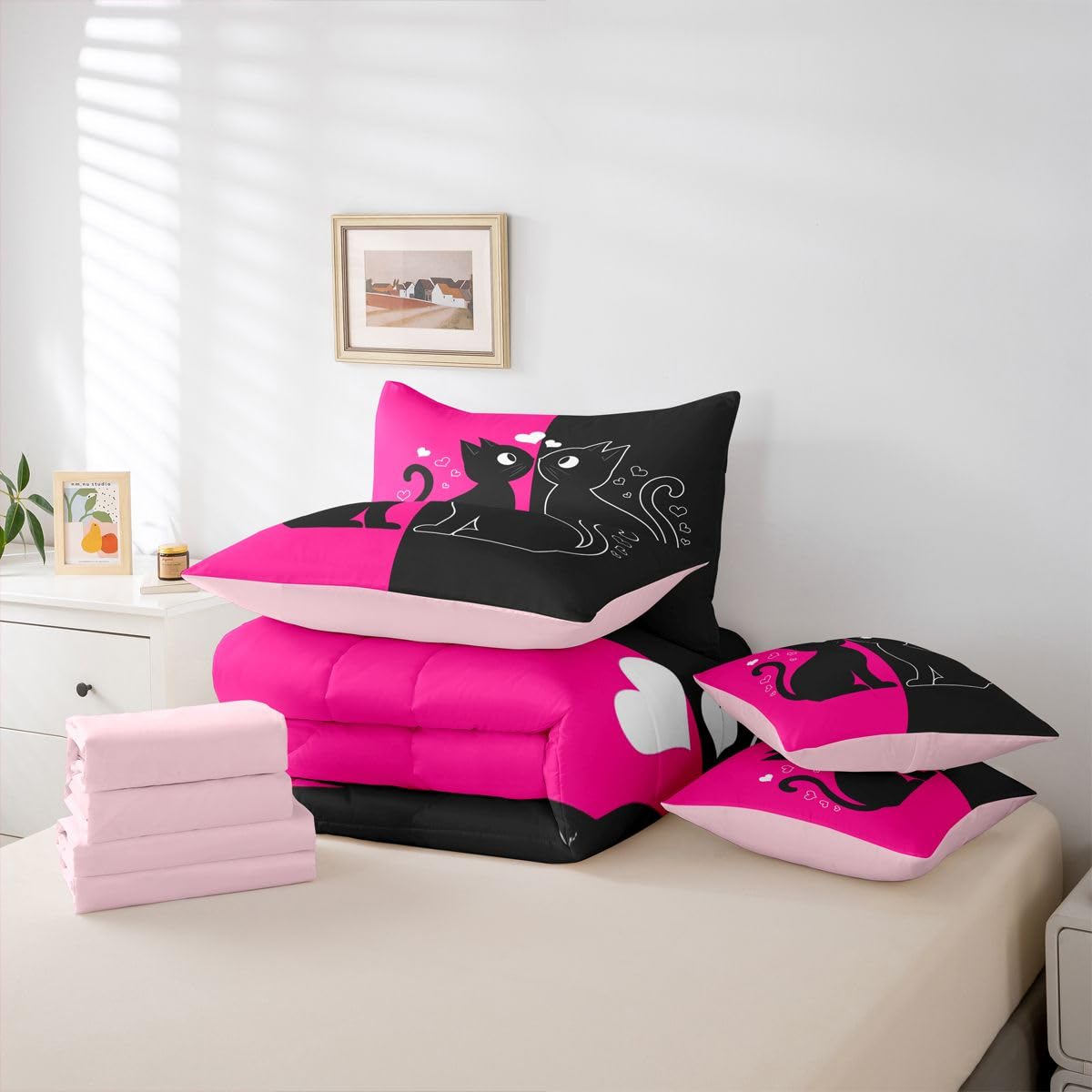Cute Black Cat 7-Piece Bedding Set Full Size (Hot Pink and Black) | Valentine's Day Cats Bed in a Bag for Couple Lovers Romantic Cats Comforter Set with Sheets Kawaii Pet Animal Duvet Insert