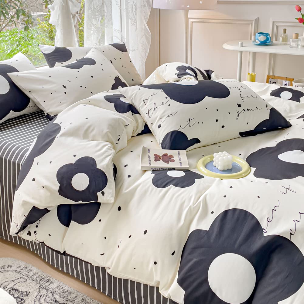 LIWHENHAO Floral Duvet Cover Set Queen 100% Cotton Bedding Cartoon Black and White Flower Print 1 Kawaii Botanical Comforter Cover Full Zipper Closure 2 Pillowcases for Kids Girls Boys Woman