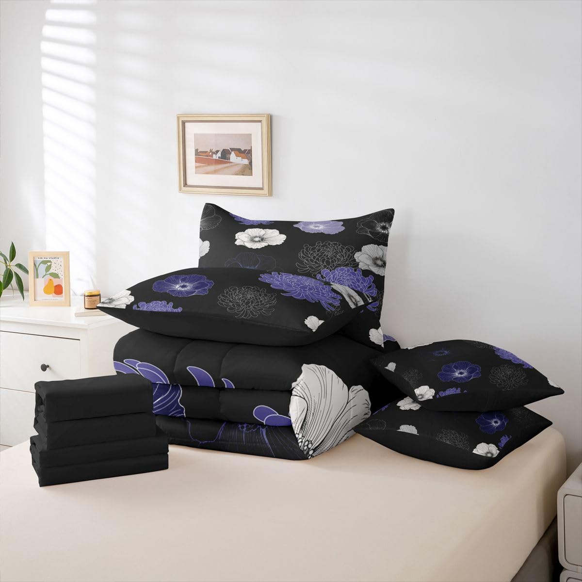 Feelyou Floral Flower 7 Piece Bedding Set Black Purple Comforter Set with Sheets for Kids Boys Girls Poppy Flower Hydrangea Bed in a Bag Damask Print Bed Set Soft Lightweight