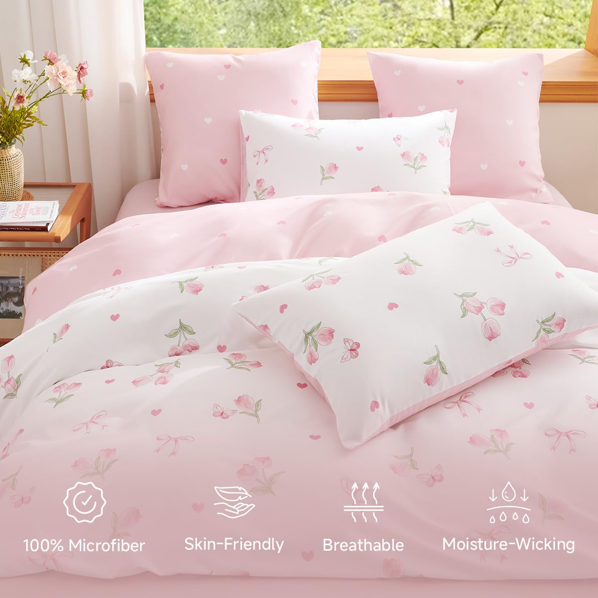 Erwinmu Floral Comforter Set King Size - 3 Pieces Pink White Floral Tulips Bow Comforter Bedding Sets Reversible Pattern,King Bed in a Bag with Flowers Comforter and 2 Pillowcases