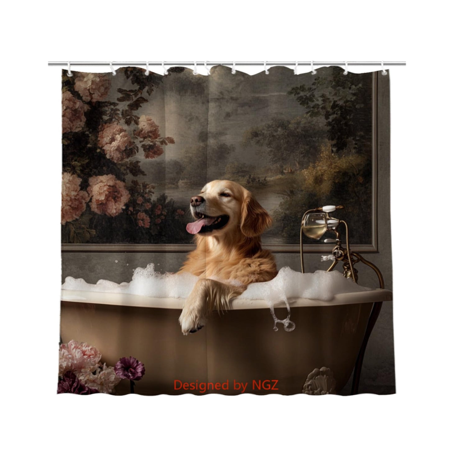 NGZ Funny Golden Retriever Shower Curtain, SPA Golden Retriever with Wine, Grey Shower Curtain, 72x72 Inches Floral Shower Curtains for Bathroom, Bath Curtains Set with 12 Hooks
