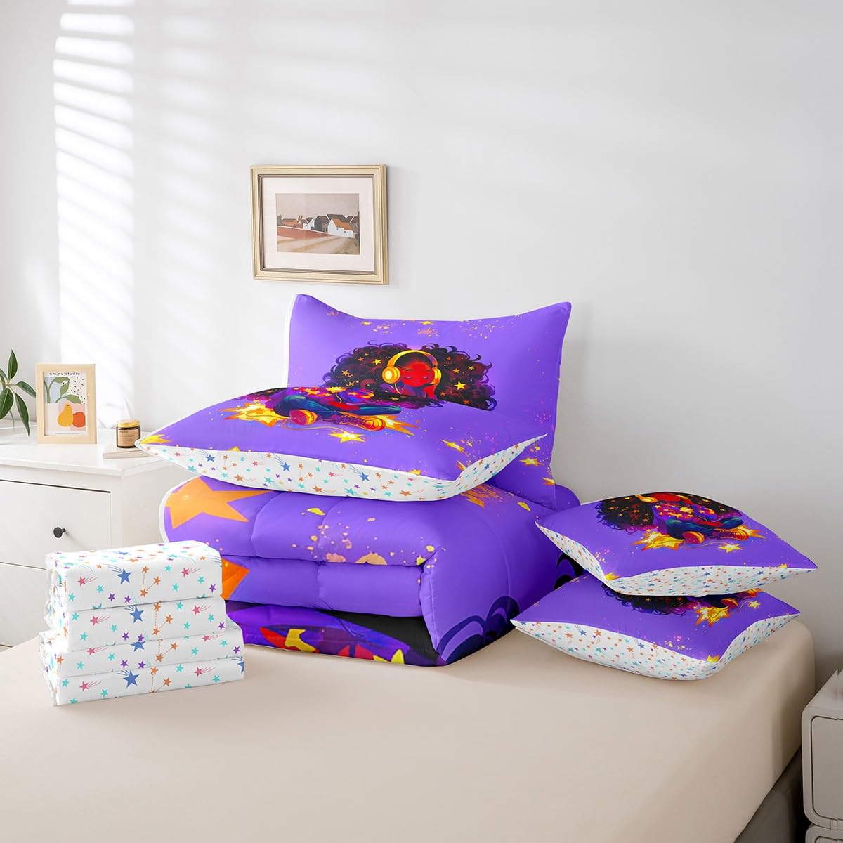 jejeloiu Kids Cute Black Girl Comforter Set 7 Pieces Full Size African American Girl Bedding Set for Boys Girls Music Bed in a Bag with Comforter, Sheets, Pillowcases & Cushion Covers（No Glitter）