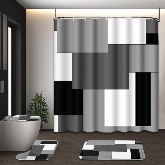 Tayney Grey Geometric Shower Curtain Set with Toilet Lid Cover and Non-Slip Rugs for Bathroom, Black White Checkered 4 Pcs Shower Curtain, Modern Abstract Bathroom Set with 12 Hooks
