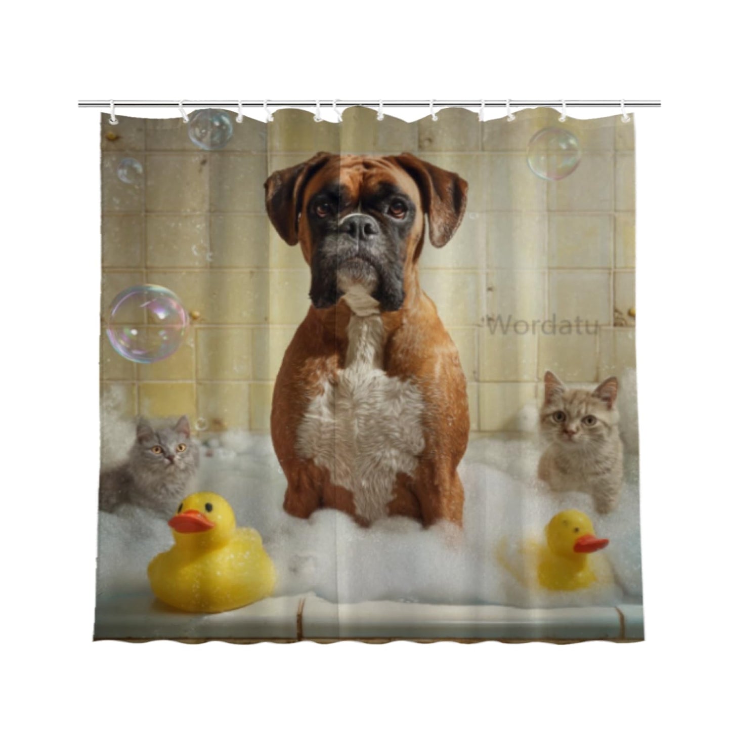 Wordatu Boxer Dog Shower Curtain Bathroom Set 72X72 Inches Funny Cat Lovely Animals in Bathtub for Boys Bath Farmhouse Art Home Decor Fabric 12 Hooks